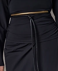 Two-Piece Long Sleeve Draped Top & Pencil Skirt Set with Belt