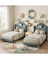 Gaomon 2 Set of Twin Bed Frame, Velvet Platform Bed Frame with Led Light and Storage Headboard, Sturdy Wooden Slats, No Box Spring Needed