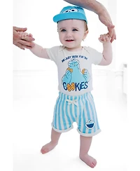 Sesame Street Baby Cookie Monster ( new born to 24 M )Short Sleeve Bodysuit and Bottoms Set with Hat