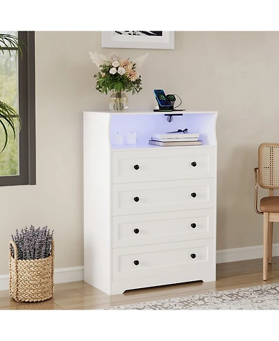 4-Drawer Wooden Dresser with Led Lights & Charging Station, Modern Nightstand Chest for Bedroom, White