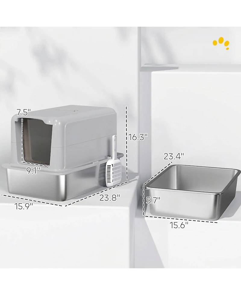 Ruie 2-in-1 Stainless Steel Cat Litter Box with Removable Lid and Scoop