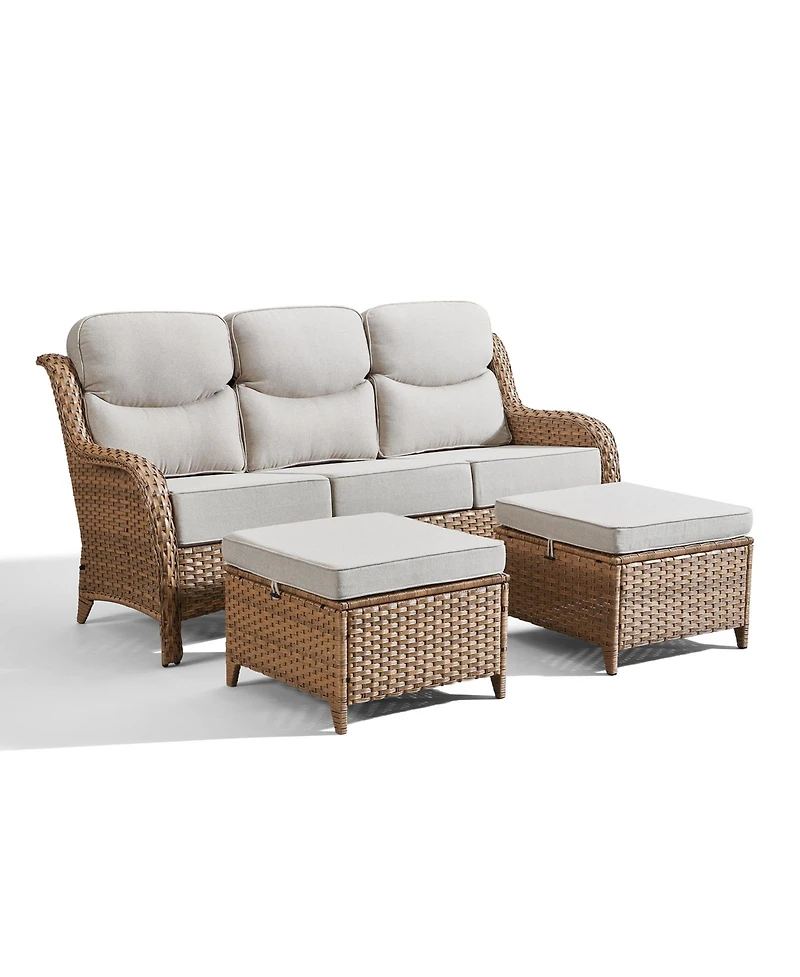 Pocassy Wicker Outdoor Patio Furniture Set 3 Pieces Patio Conversation Set, Rattan Sofa Couch with Ottomans for Deck Porch and Garden