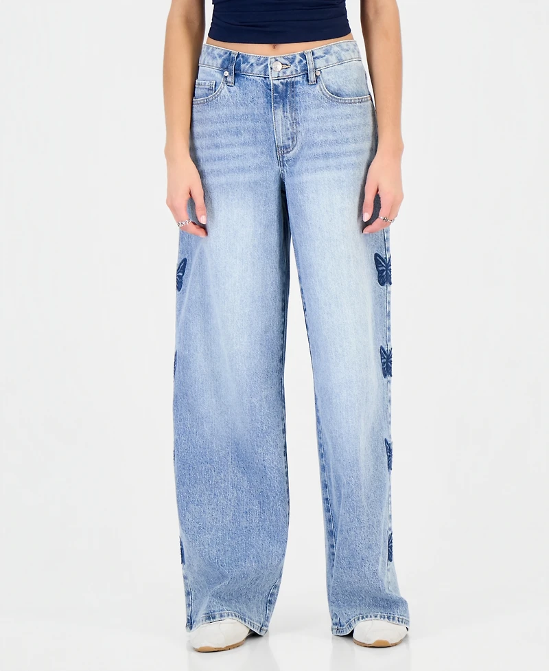 Madden Girl Juniors' 90s Skater High-Rise Wide-Leg Butterfly Embroidery Jeans