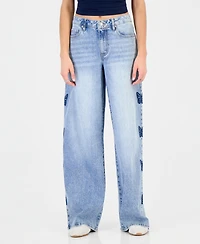 Madden Girl Juniors' 90s Skater High-Rise Wide-Leg Butterfly Embroidery Jeans