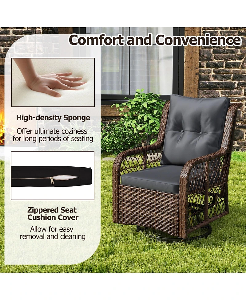 Sugift 3 Pieces Patio Furniture Set Pe Wicker Swivel Glider Chairs with 2-Tier Side Table and Cushions