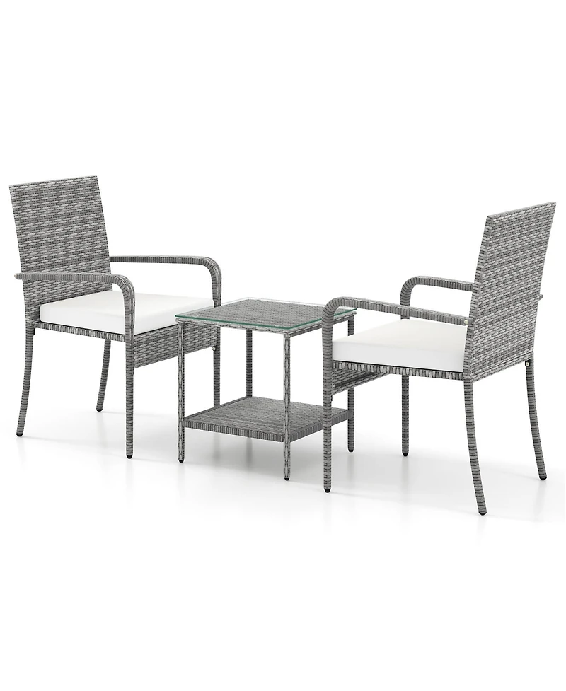 Sugift 3 Piece Patio Furniture Set with Seat Cushions and Tempered Glass Tabletop for Balcony