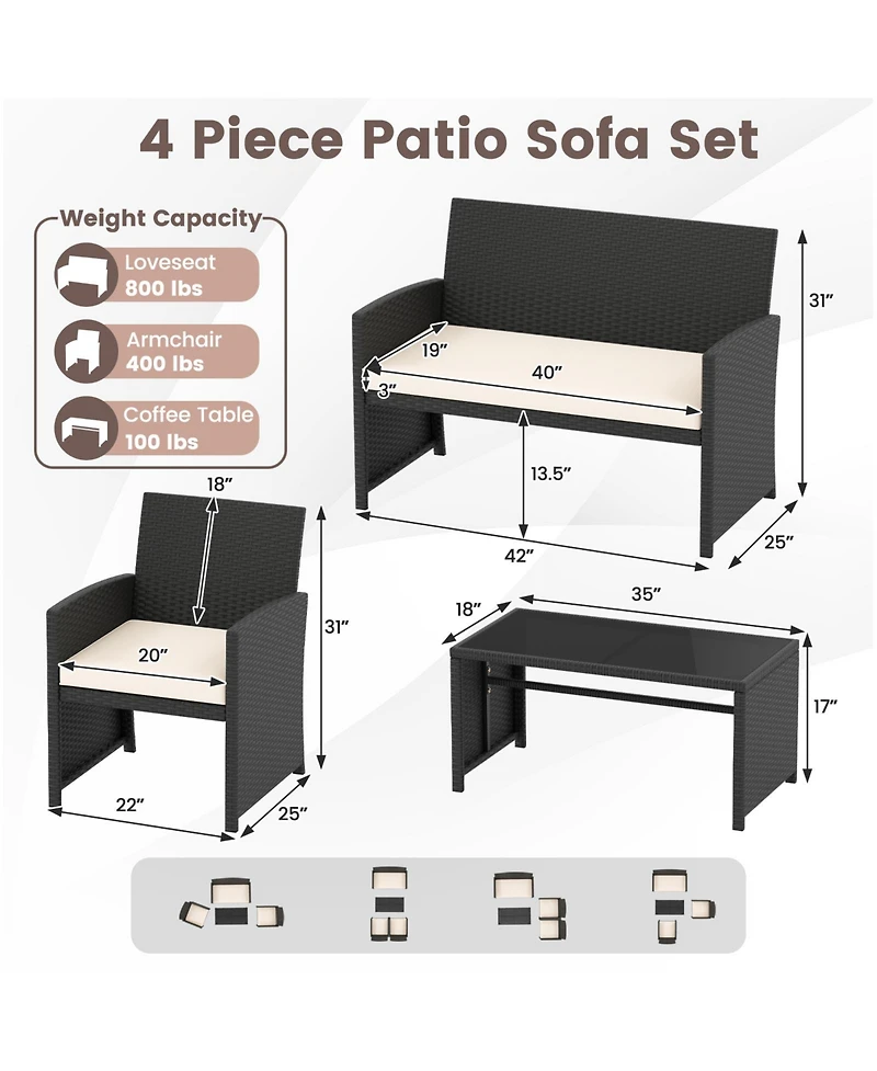Sugift 4 Pieces Patio Furniture Set with Tempered Glass Tabletop and Removable Cushion
