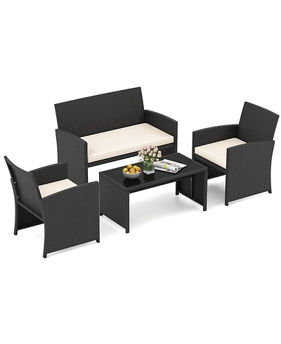 Sugift 4 Pieces Patio Furniture Set with Tempered Glass Tabletop and Removable Cushion