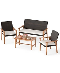 Sugift 4 Piece Patio Furniture Set Pe Rattan Porch Chairs with Acacia Wood Coffee Table and Soft Cushions