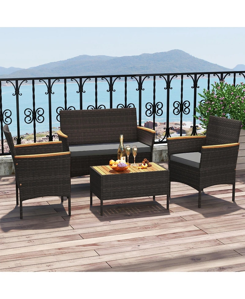 Sugift 4 Piece Patio Wicker Sofa Set with 2 Rattan Chairs Loveseat and Coffee Table