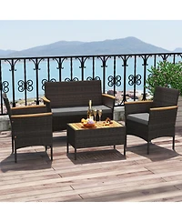 Sugift 4 Piece Patio Wicker Sofa Set with 2 Rattan Chairs Loveseat and Coffee Table