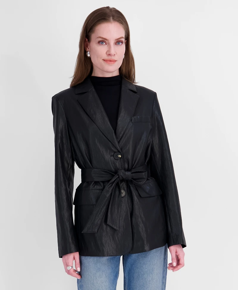 Tahari Women's Belted Faux Leather Trench Jacket