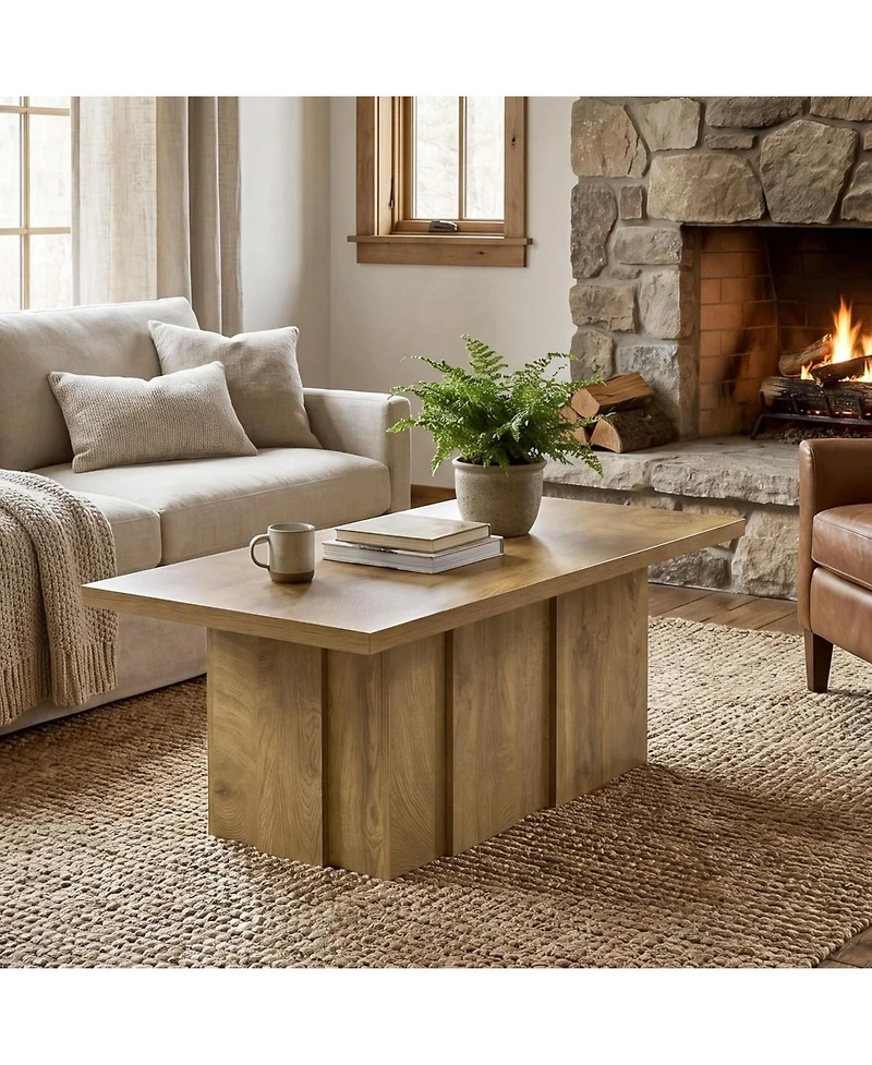 Tribesigns 47" Farmhouse Coffee Table, Rectangular Wooden Coffee Table with Fluted Base, Oak Finish Center Table, Heavy Duty Cocktail Tea Table