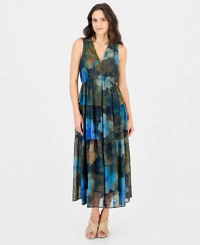 Robbie Bee Women's Sl Tiered Maxi Sleeveless V-Neck Floral-Print Dress