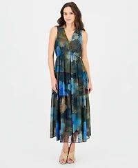 Robbie Bee Women's Sl Tiered Maxi Sleeveless V-Neck Floral-Print Dress
