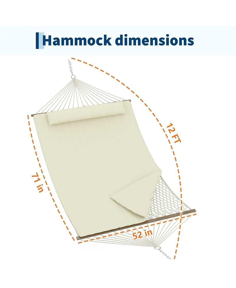 homfan 12FEET Double Hammock - Wooden Spreader Bar, Polyester-Cotton Pad, Removable Pillow, 450 Lbs