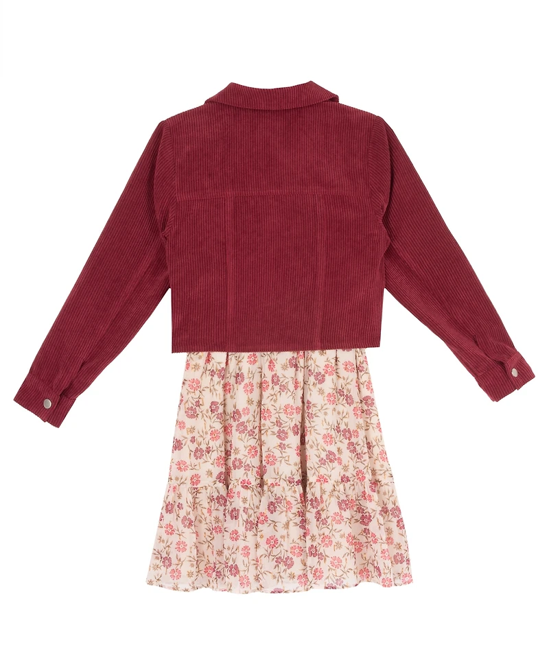 Rare Editions Girls' 7-16 Floral Lurex Chiffon Dress and Corduroy Jacket, 2-Piece Set