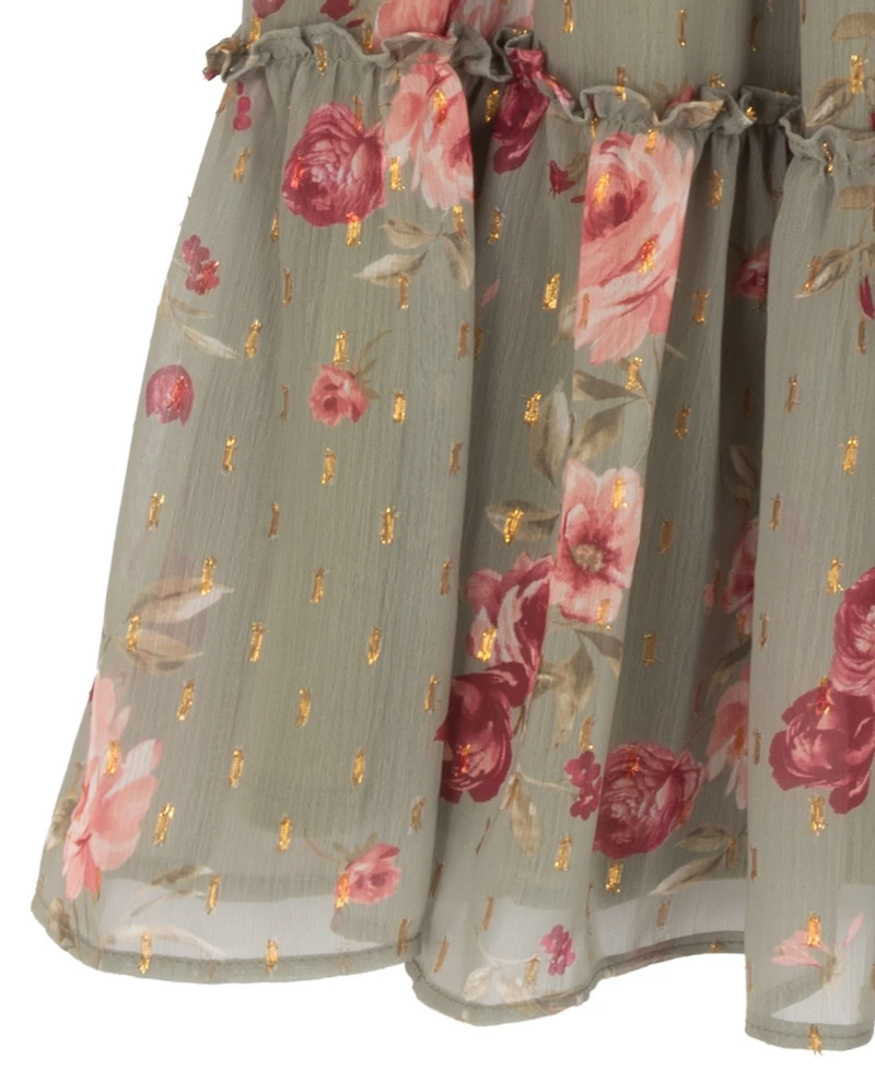 Rare Editions Girls' 7-16 Printed Chiffon Long-Sleeve Dress with Necklace, 2-Piece Set