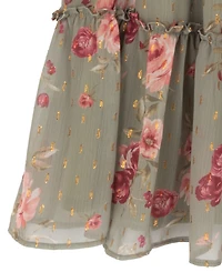 Rare Editions Girls' 7-16 Printed Chiffon Long-Sleeve Dress with Necklace, 2-Piece Set