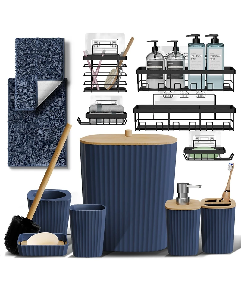 Modern Complete Bathroom Decor and Accessory Set with Bath Rugs and Shower Caddy Set