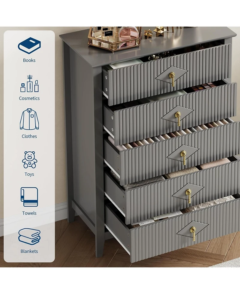 Fluted Dresser for Bedroom, 42.9" Tall 5-Drawer Wood Dresser, Modern Chest of Drawers, Storage Organizer Cabinet for Living Room, Hallway, Entryway