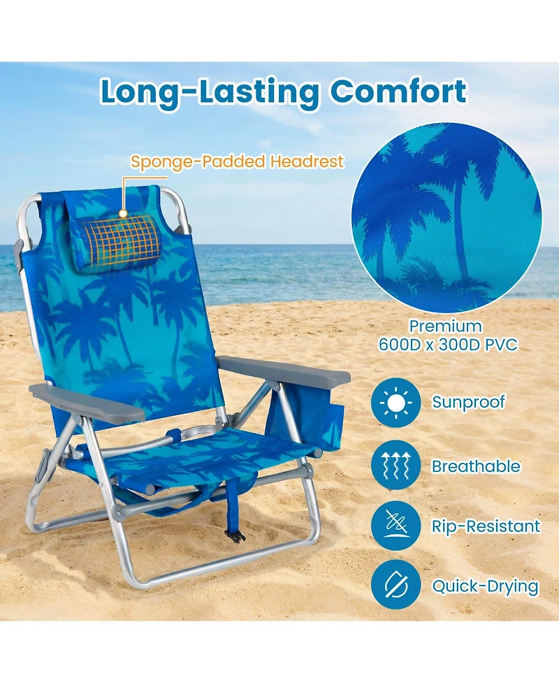 Gymax 2 Pieces Beach Chair 5-Position Outdoor Reclining Chairs w/ Head Pillow and Storage Bag