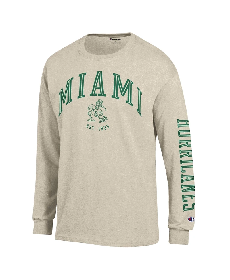 Champion Men's Heather Oatmeal Miami Hurricanes Neutral Arch Long-Sleeve T-Shirt