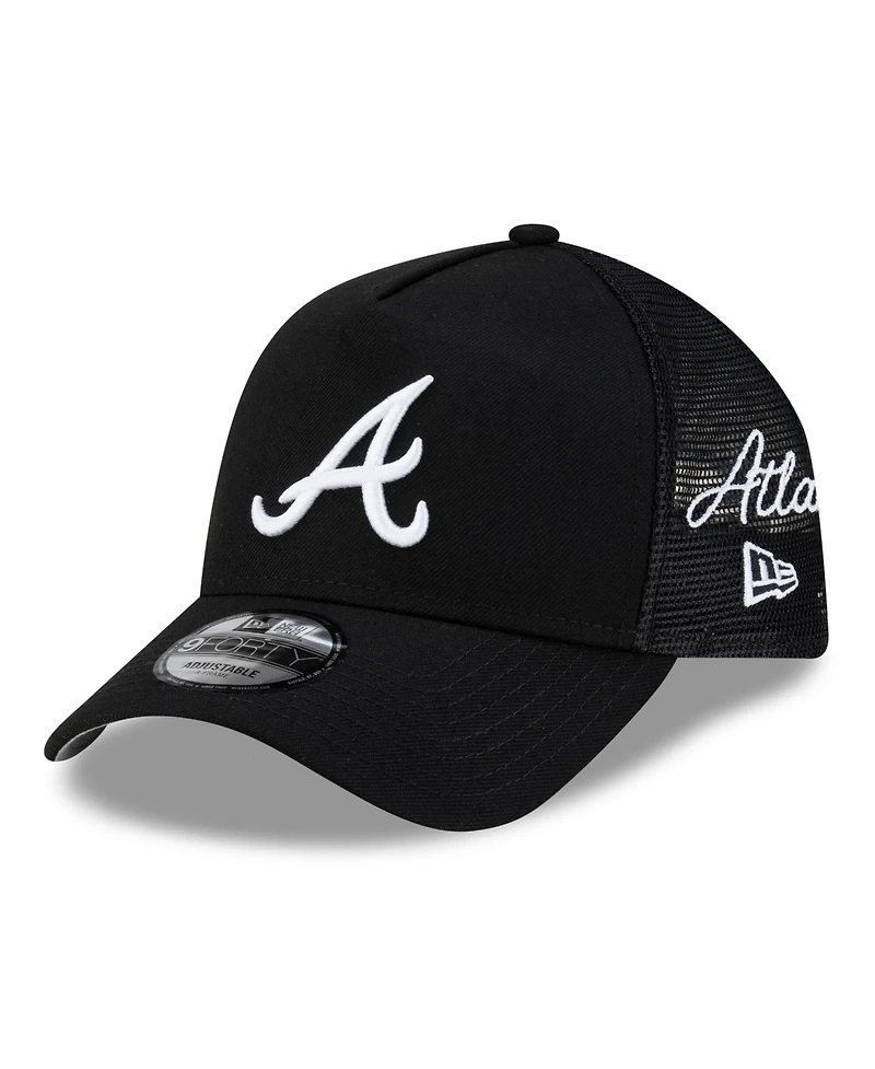 New Era Men's Black Atlanta Braves Side Script 9FORTY A-Frame Trucker Adjustable Hat