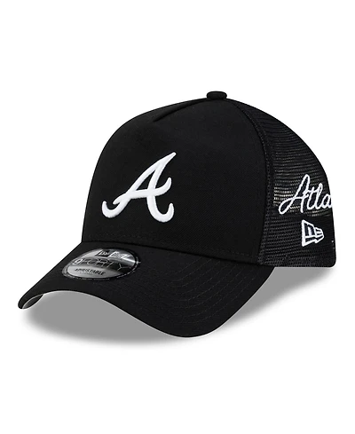 New Era Men's Black Atlanta Braves Side Script 9FORTY A-Frame Trucker Adjustable Hat