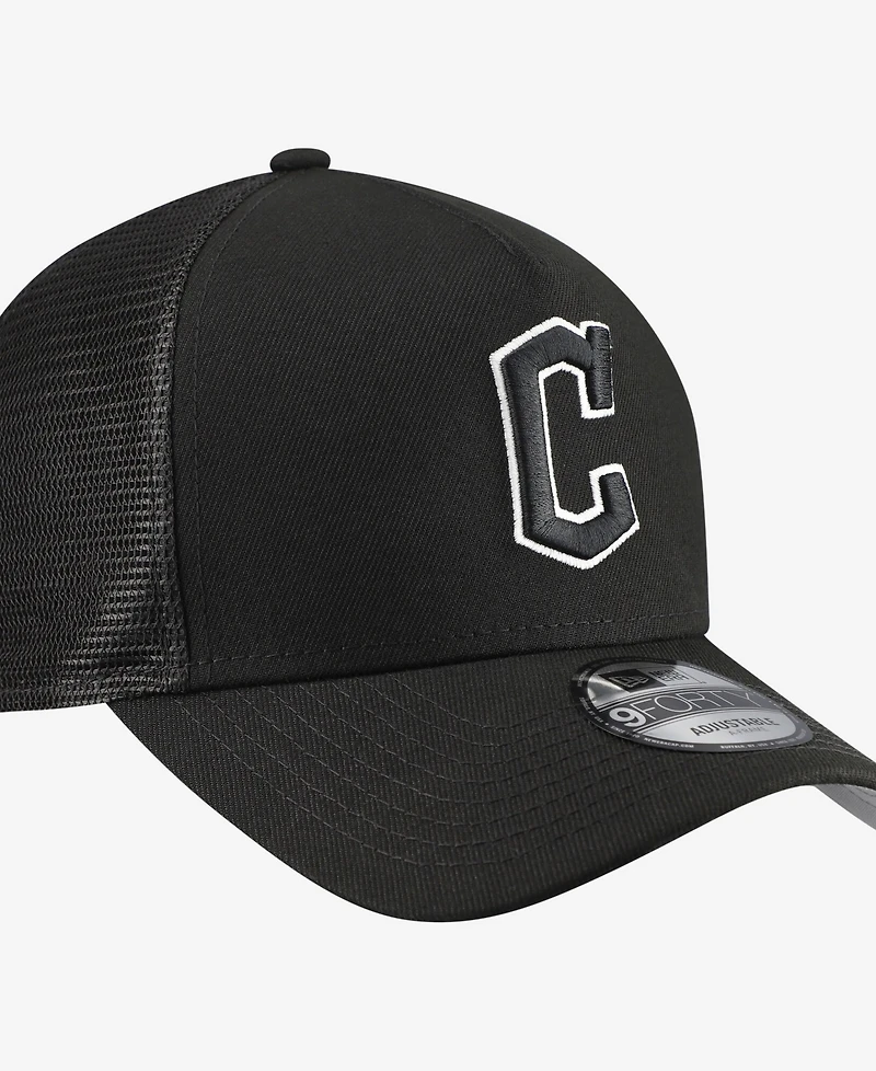 New Era Men's Black Cleveland Guardians Side Script 9FORTY A-Frame Trucker Adjustable Hat