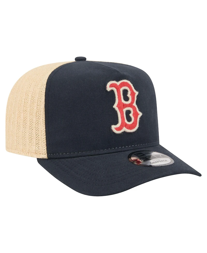 New Era Men's Navy, Natural Boston Red Sox Grained 9FIFTY A-Frame Trucker Adjustable Hat