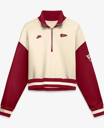 Nike Women's Natural, Crimson Alabama Tide Oversized Legacy Color Block Cropped Quarter-Zip Pullover