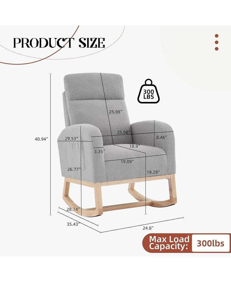 homfan Set of 2 Rocking Chairs, Sherpa Upholstered Glider Recliner with High Back and Rubber Wood Legs for Dining Room or Lounge