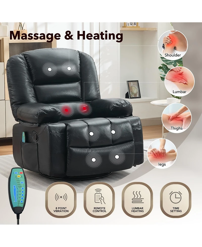 homfan 360degree(s) Swivel Recliners with Vibration Massage and Heating, Faux Leather Chair Storage Armrest Cup Holder, for Living Room