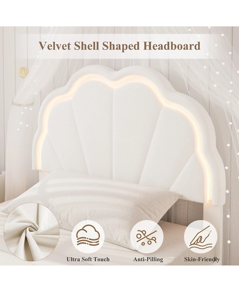 homfan Twin Bed Frame – Velvet Platform Bed with Adjustable Seashell Headboard and Led Light, Under Bed Storage, No Box Spring Needed