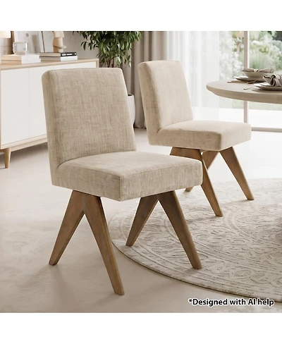 Maison Boucle Modern Upholstered Dining Chair Set of 2, Linen-Blend Fabric, Solid Wood Legs, Full Back Side Chair, Armless Accent