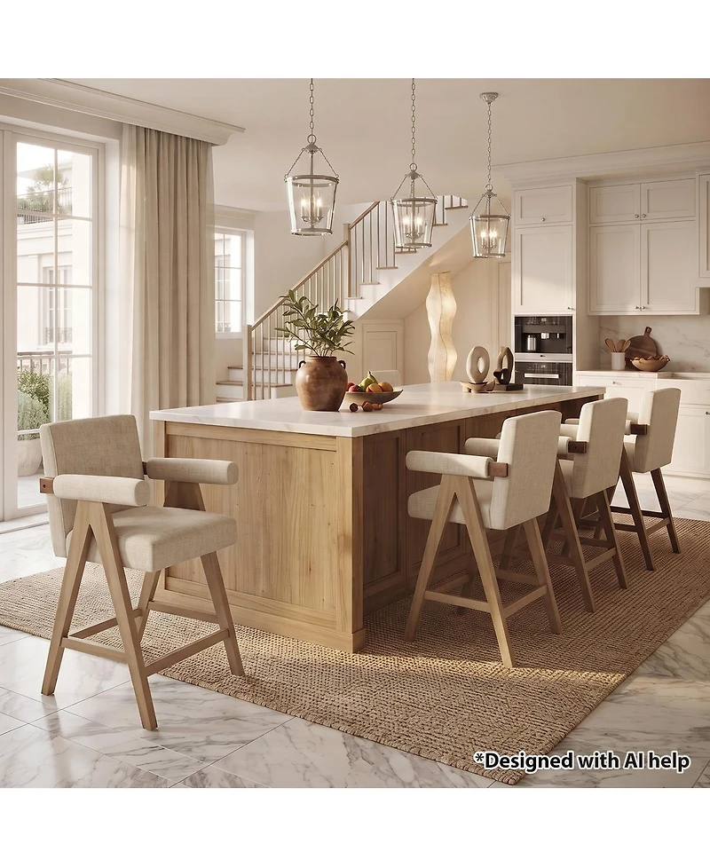 Maison Boucle Set of 4 Mid-Century Modern Counter Height Bar Stool With Arms, Solid Wood Oak Legs, Beige Upholstered Full Back, Footrest, 25.5" Seat H