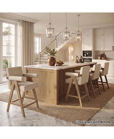Maison Boucle Set of 4 Mid-Century Modern Counter Height Bar Stool With Arms, Solid Wood Oak Legs, Beige Upholstered Full Back, Footrest, 25.5" Seat H
