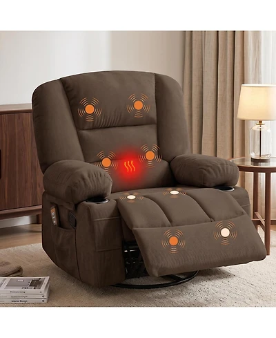 homfan Oversized Recliner, Wide Rocker with Massage Heat, 360degree(s) Swivel Seat for Adults, Glider with Storage, Pockets, 2 Cup Holders