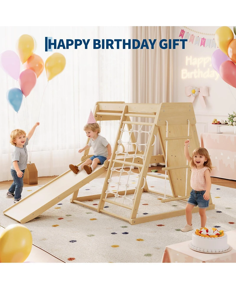 homfan 6 in 1 Wooden Indoor Jungle Gym, Wood Climbing Playset with Slide and Monkey Bars for Kids Ages 1 to 8