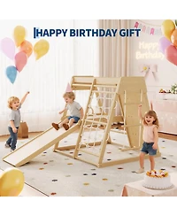 homfan 6 in 1 Wooden Indoor Jungle Gym, Wood Climbing Playset with Slide and Monkey Bars for Kids Ages 1 to 8