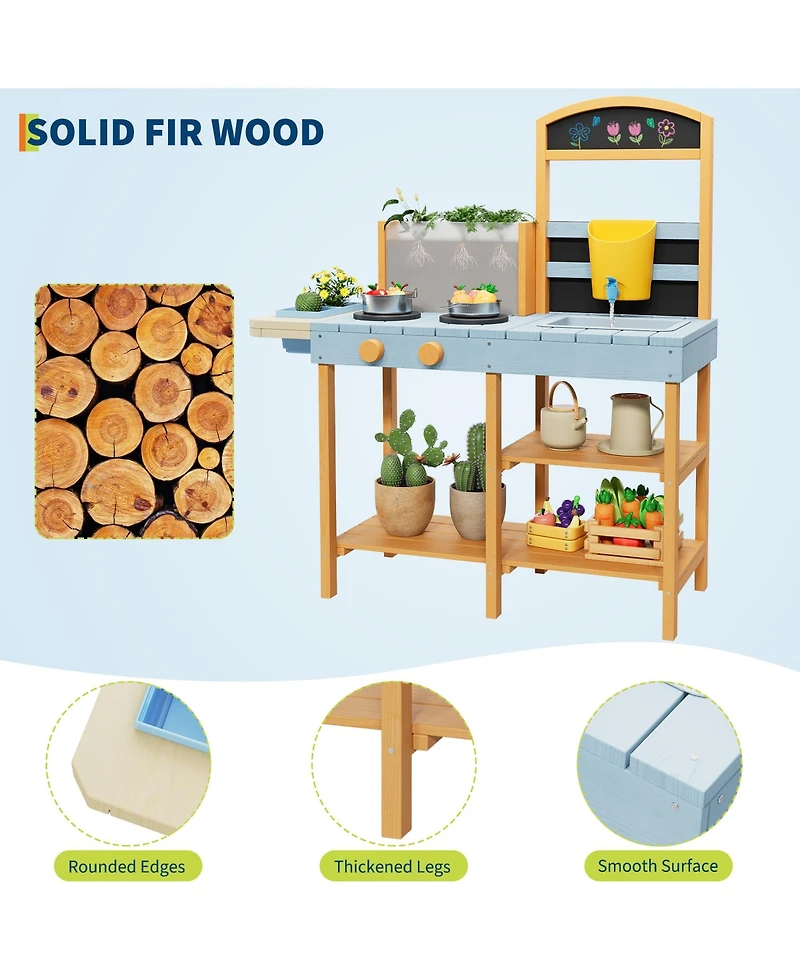 homfan 2 in 1 Wooden Mud Kitchen Water and Sand Table, Fir Wood Sensory Play Table with Removable Basin and Chalkboard for Kids Ages 3