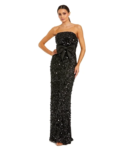 Mac Duggal Women's Strapless Sequin Column Gown with Velvet Bow