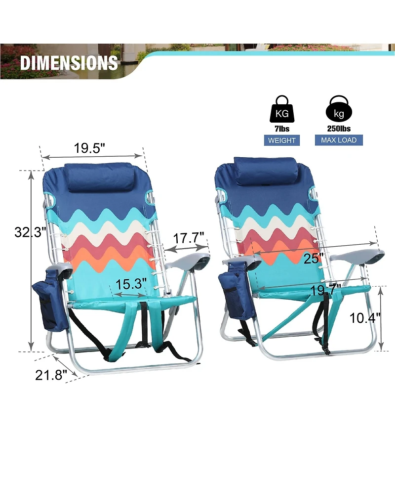Aofar 2 Pack Beach Chairs Folding Reclining Cooler Bag Armrest Camping outdoor