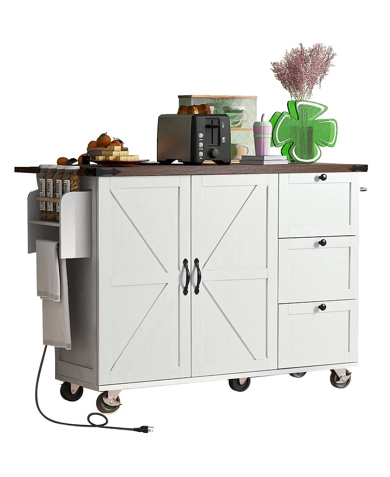 Streamdale Furniture 54.5'' Farmhouse Kitchen Island with Power Outlet Drop Leaf and Storage