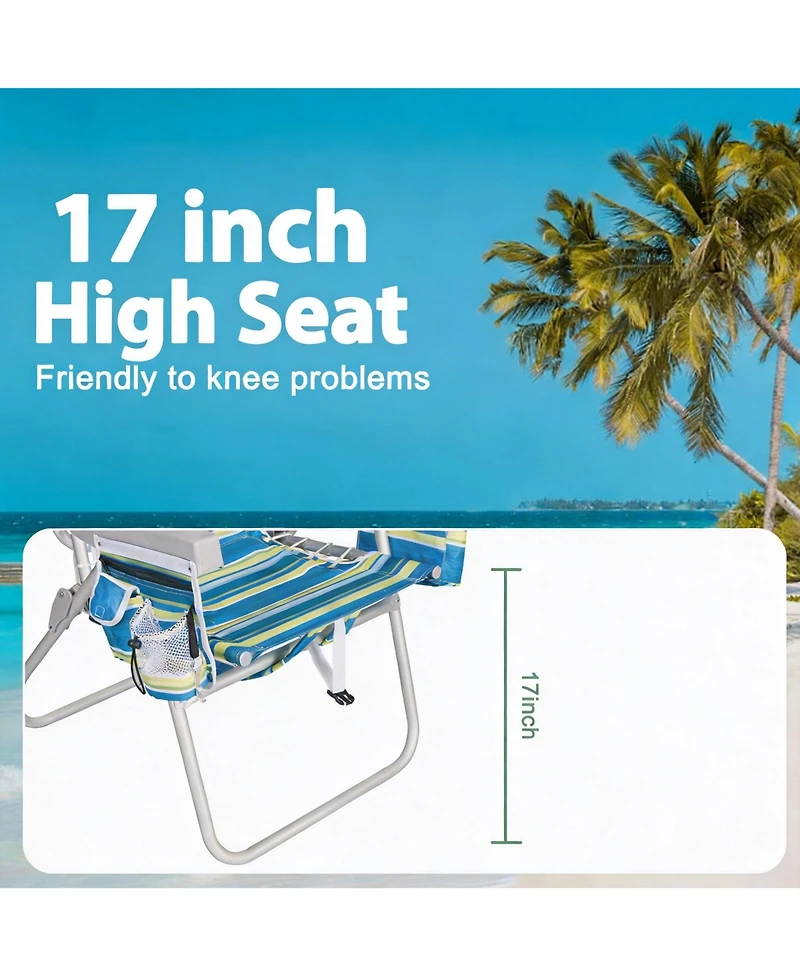 Aofar 17" Beach Chair Wide High Seat Cooler Cup Holder Reclining Towel Bar Pocket Striped