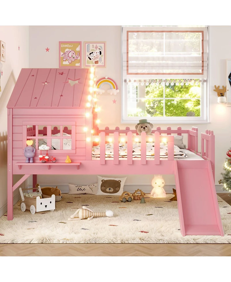 Streamdale Furniture Loft Bed With Slide, Playhouse, Stars, Window, Led Lights