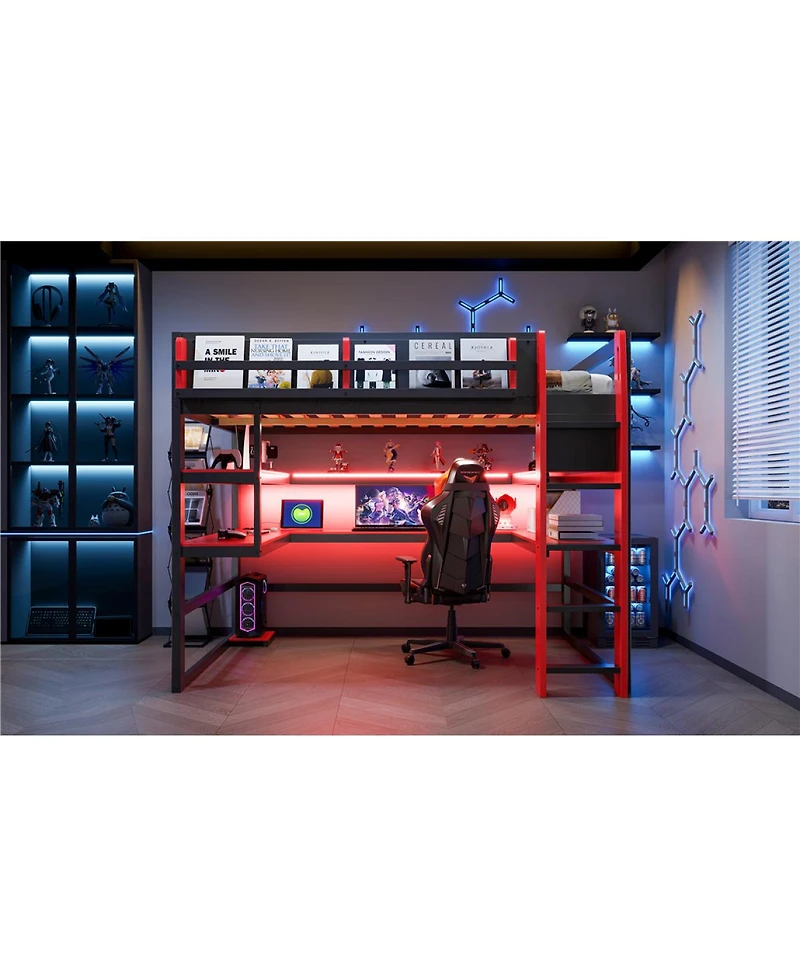 Streamdale Furniture Wood Loft Bed With Desk, Storage, Rgb Light