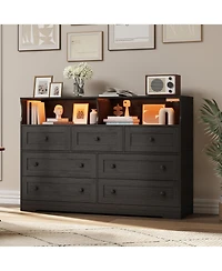 homfan 7-Drawer Wooden Dresser with Usb Charging Station and Led Lights, Modern Chest 2 Open Cubbies for Bedroom, Living Room
