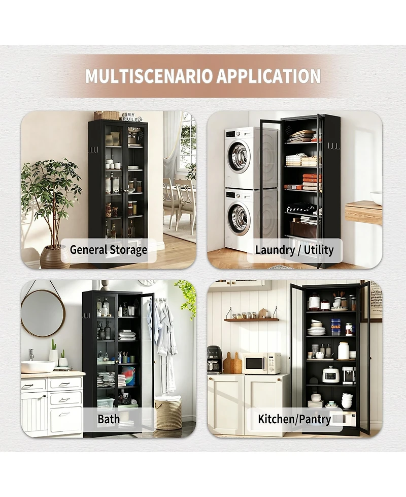 Boyel Living Storage Cabinet 72 Inch Tall 5 Shelf Glass Door Metal Organizer
